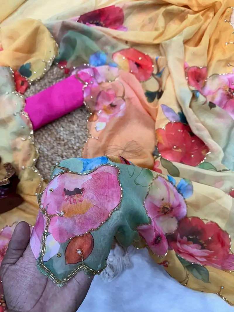 Yellow soft tabby silk blend printed with pearl handwork saree with unstitched blouse