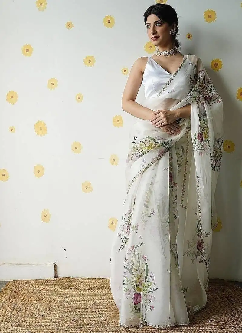 White soft tabby silk blend printed with beads work saree with unstitched blouse