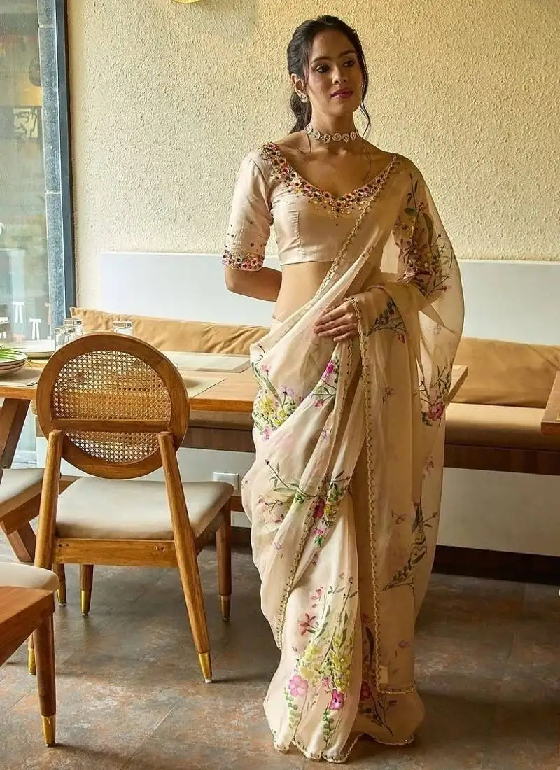 Beige soft tabby silk blend printed with beads work saree with unstitched blouse