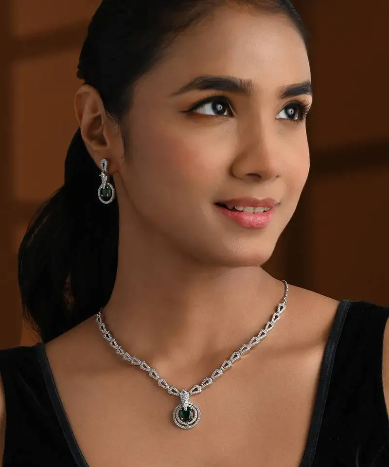 Silver plated cubic zirconia american diamond necklace & earrings jewellery set for women