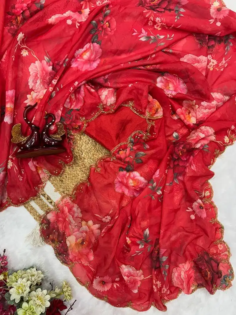 Red soft tabby silk blend printed with pearl handwork saree with unstitched blouse