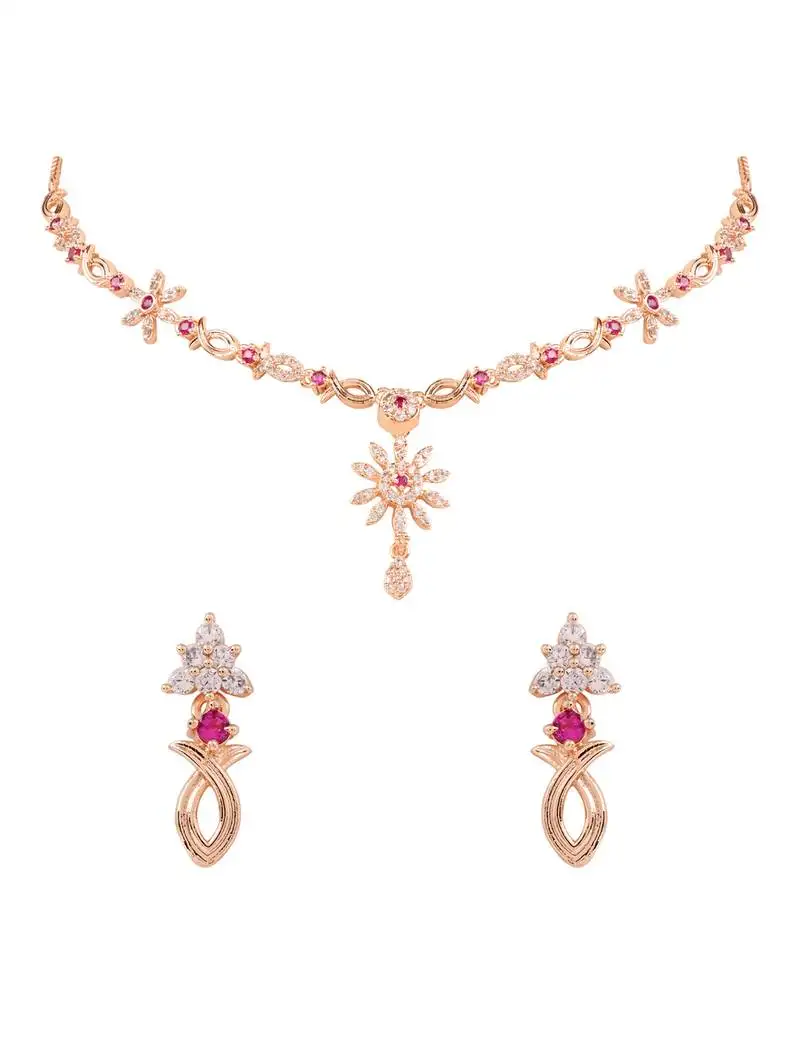 Gold plated cubic zirconia american diamond necklace & earrings jewellery set for women