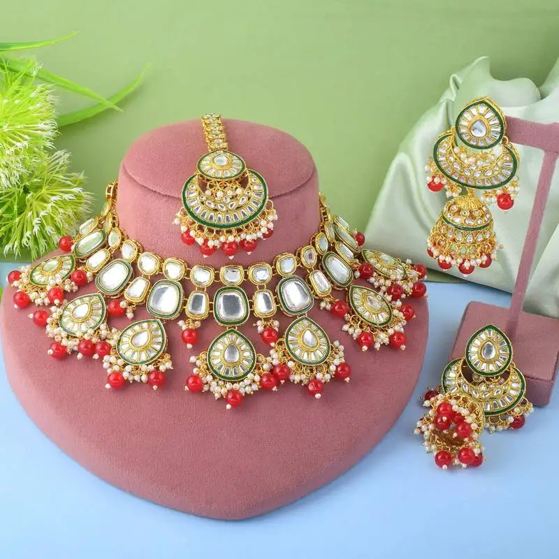 Elegant red color kundan necklace set for traditional wedding wear