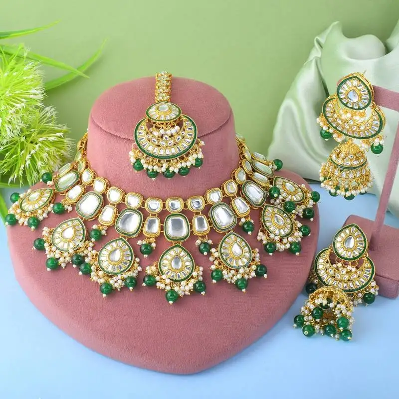 Classic green color kundan necklace set with beautiful stone detailing