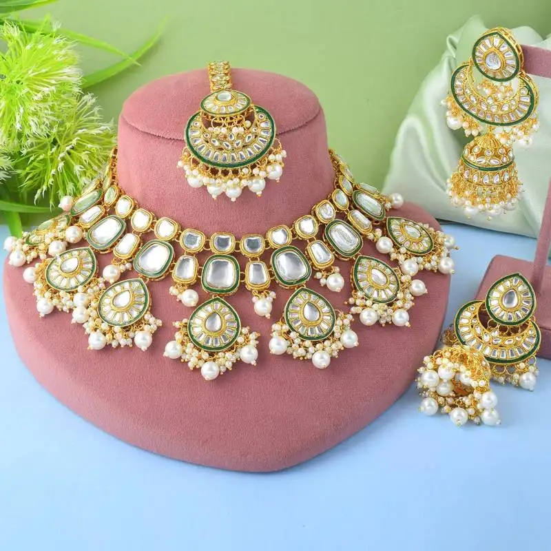 Pure white color kundan necklace set with detailed stone craftwork