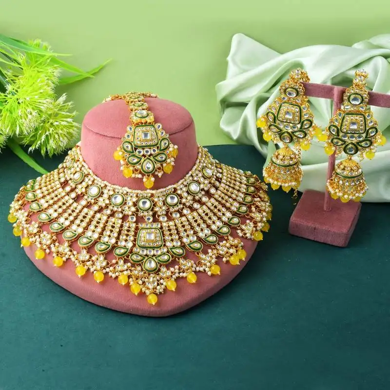 Traditional yellow color kundan necklace set for festive outfits