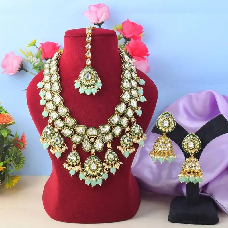 Unique pista green color kundan necklace set for festival wear