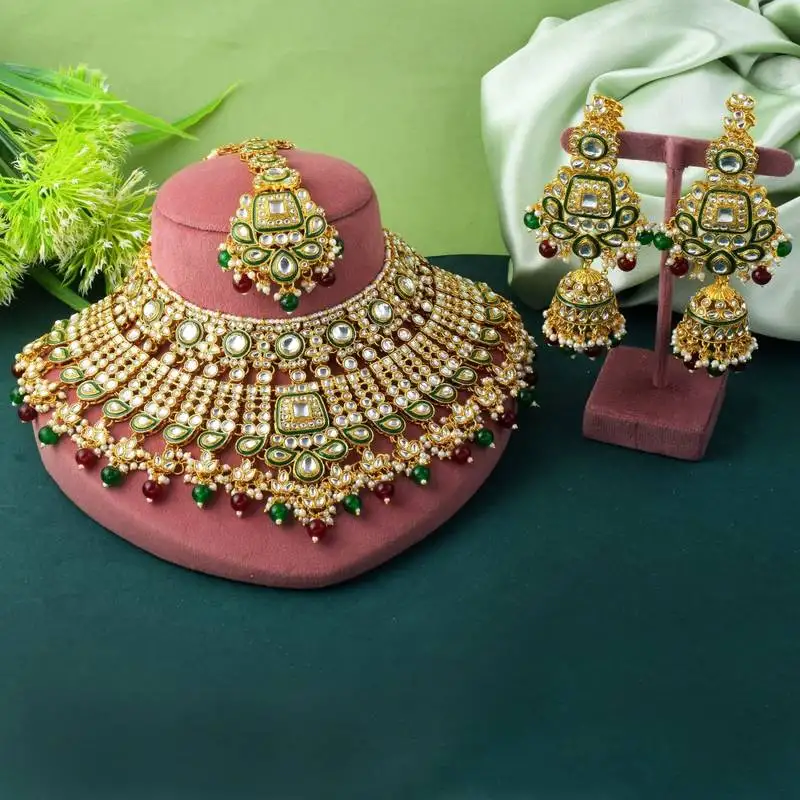 Bridal maroon & green color kundan necklace set for special events