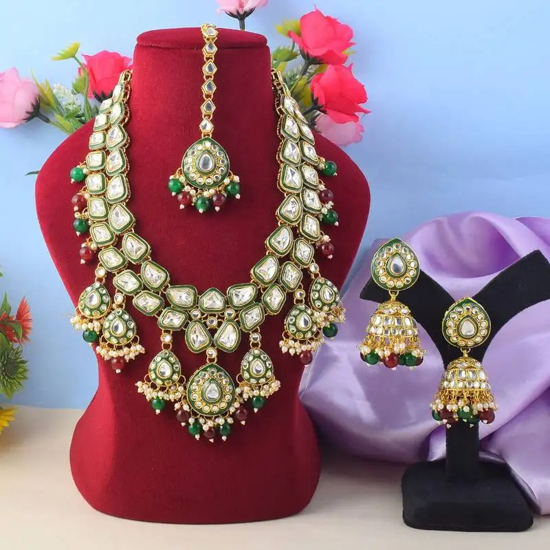 Bridal maroon & green color kundan necklace set with stone design