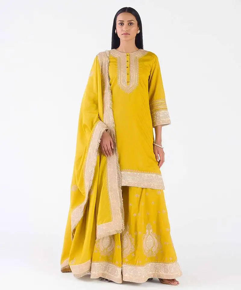 Yellow embroidered chanderi sharara