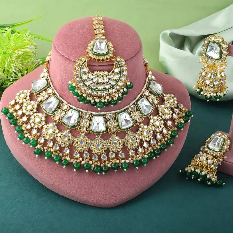 Radiant green color kundan necklace set with antique finishing