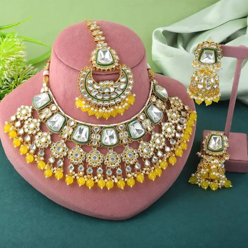 Sunshine yellow color kundan necklace set for daytime events