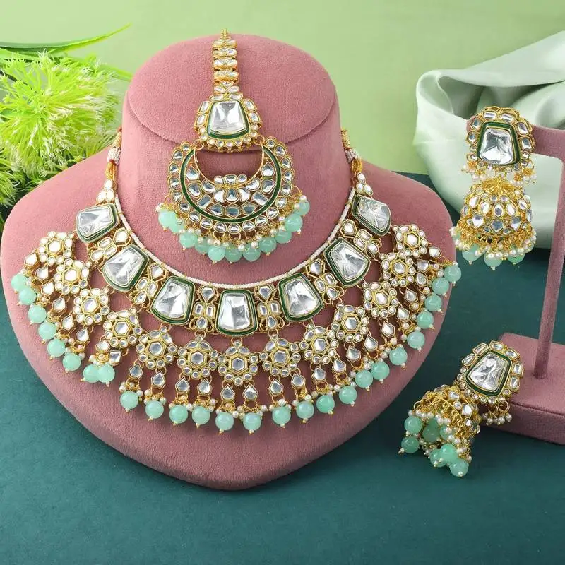 Festive pista green color kundan necklace set for party wear