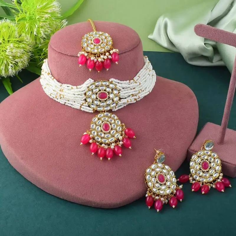Traditional rani color choker kundan necklace set for festive vibes