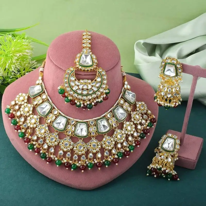 Maroon & green color kundan necklace set for engagement ceremonies
