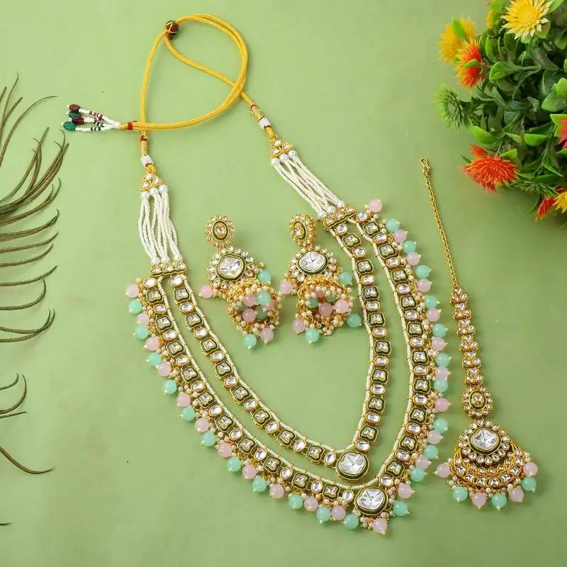 Stylish pink & pista green color kundan necklace set for bride