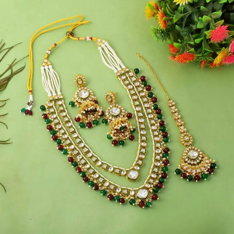 Rich maroon & green color kundan necklace set for royal occasions