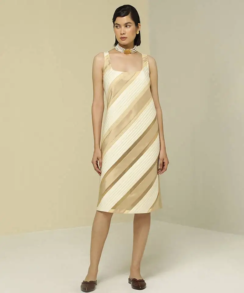 White & gold plain silk short dress