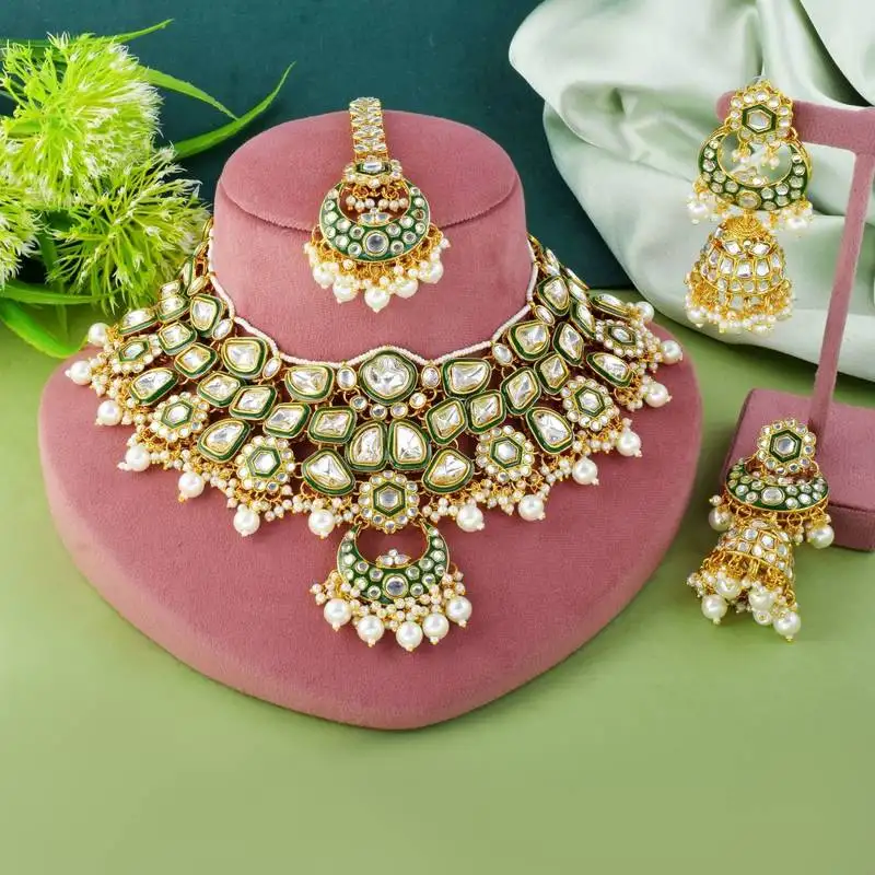Bright white color kundan necklace set with handcrafted finish