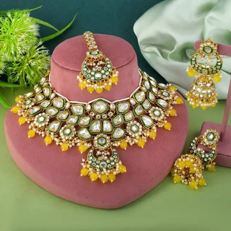 Sunshine yellow color kundan necklace set for cultural ceremonies