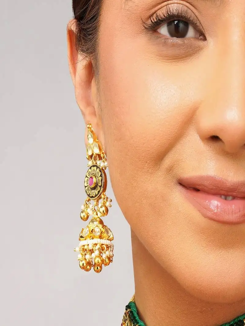 Gold plated kundan green stone choker necklace set