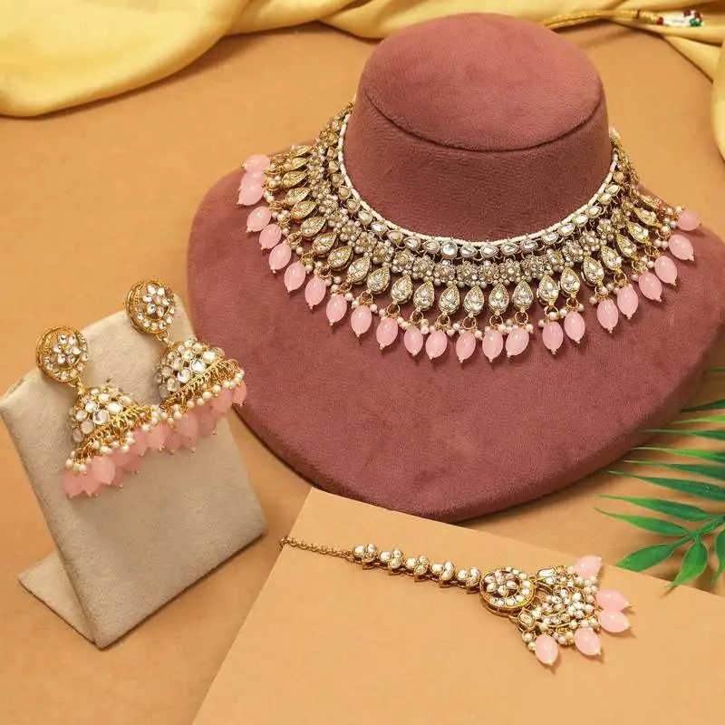 Pink color kundan necklace set