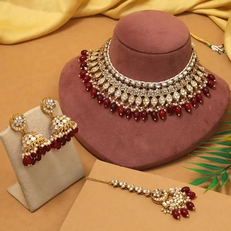 Maroon color kundan necklace set