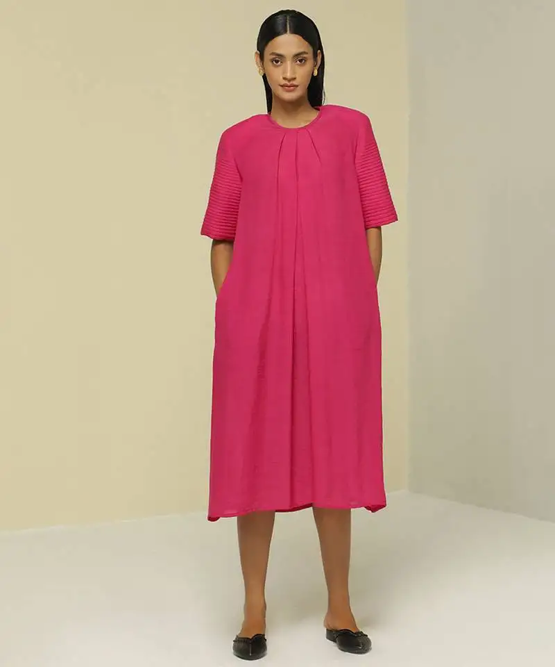 Pink plain linen maxi dress