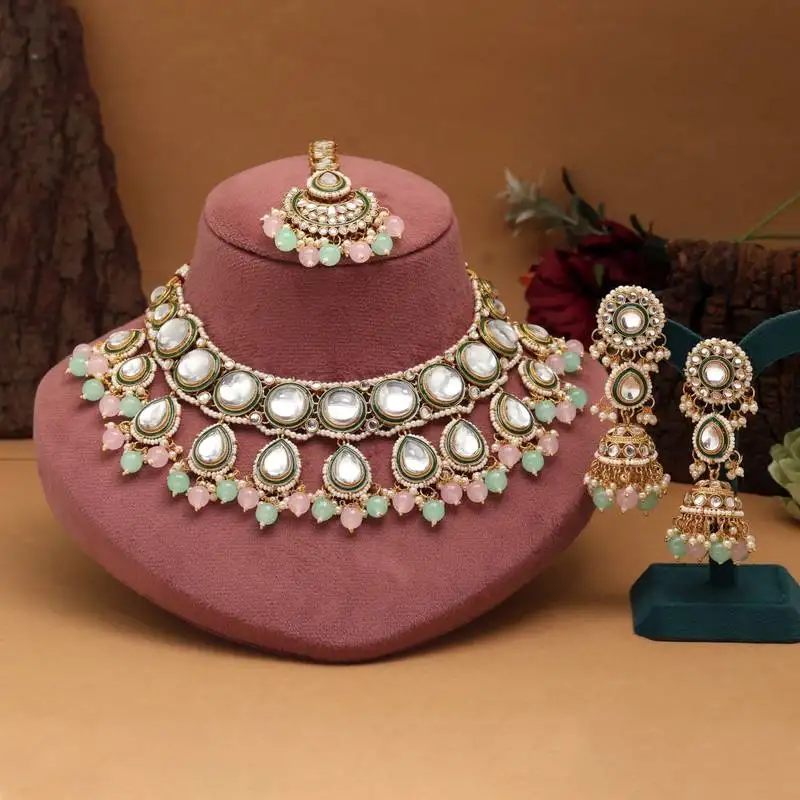 Pista green & pink color kundan necklace set