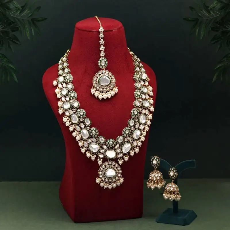 White color meena work kundan necklace set