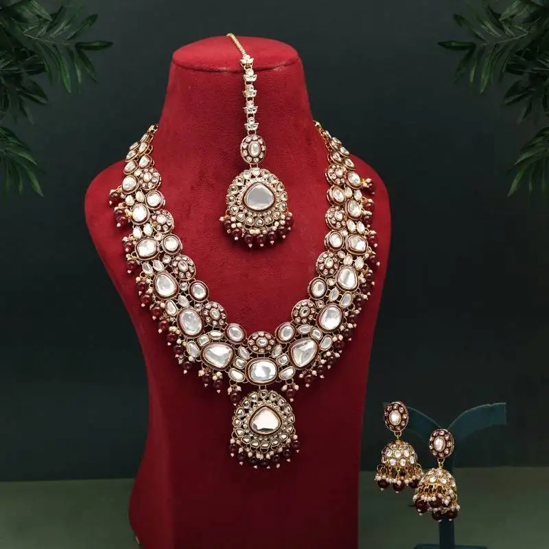 Maroon color meena work kundan necklace set