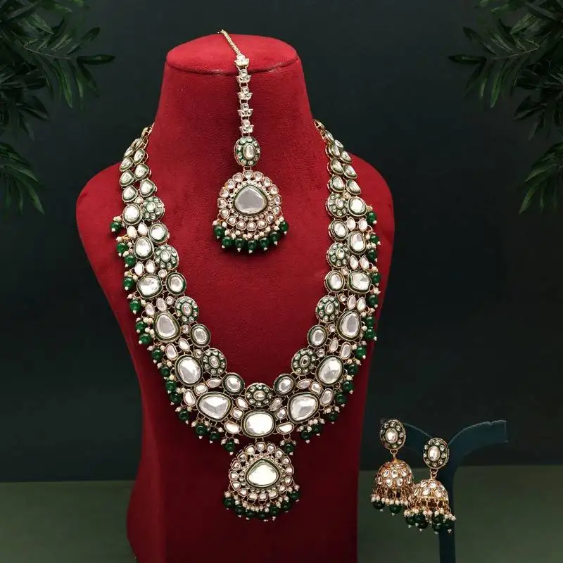 Green color meena work kundan necklace set