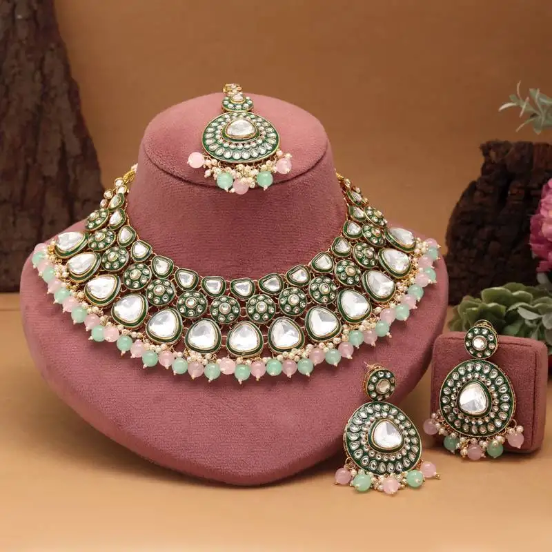 Pista green & pink color meena work kundan necklace set