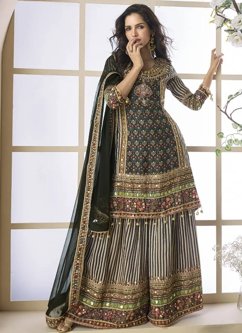 Black crepe silk digital with aari work palazzo suit stitched