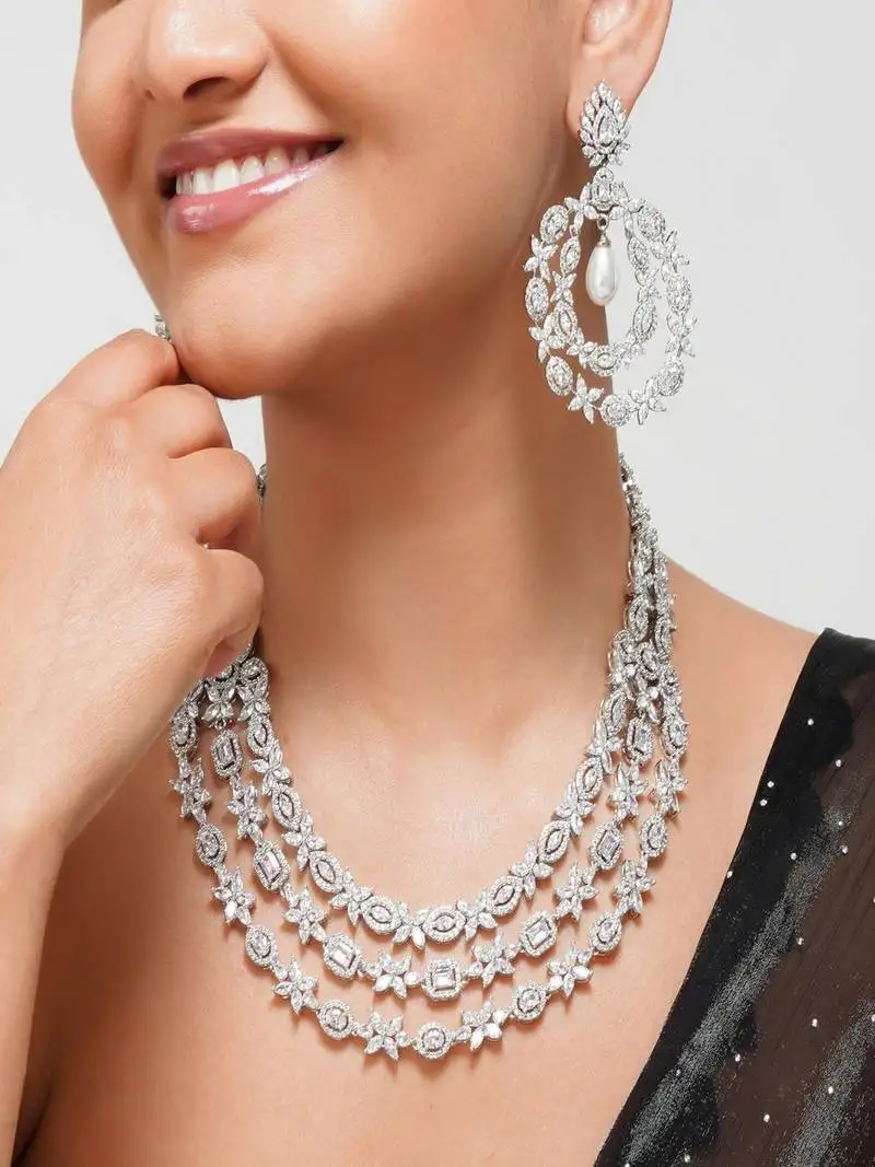 Silver plated zircon layered necklace set