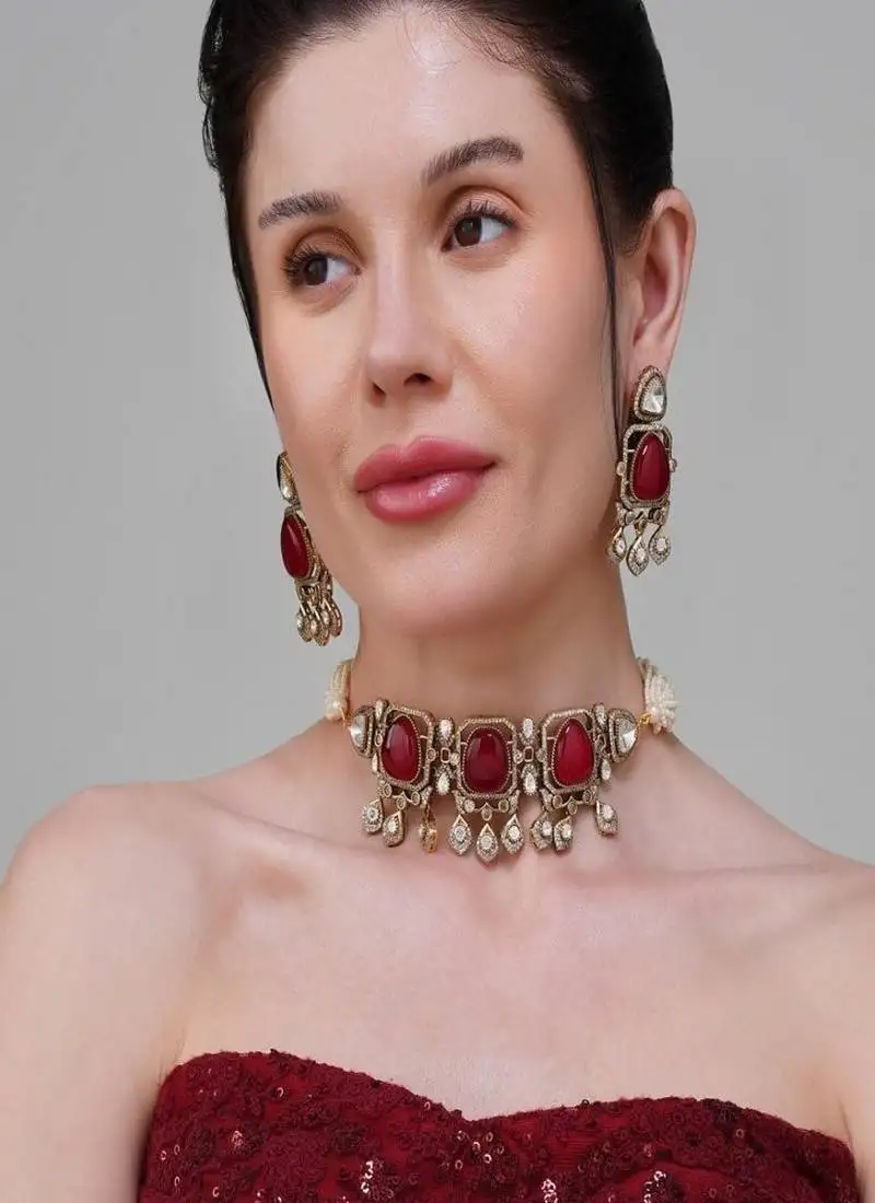 Gold plated kundan red stone choker necklace set