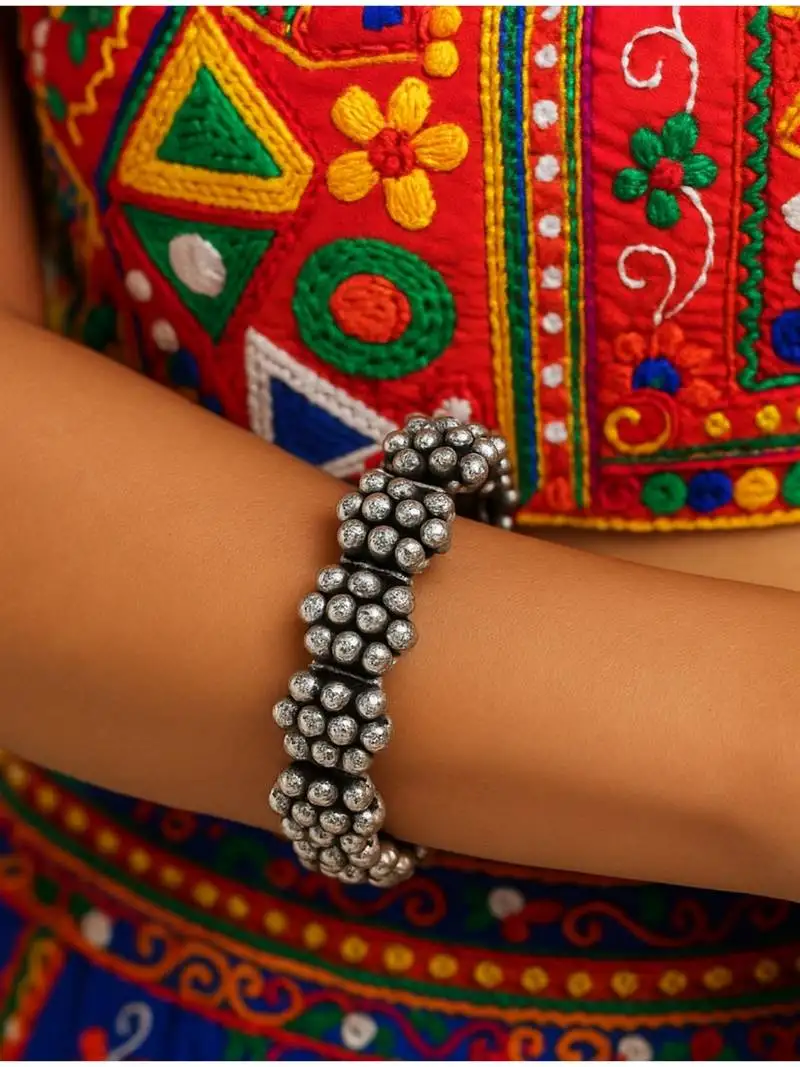 Navratri silver oxidized ethnic adjustable ghungroo bracelet for women & girls (adb170ox)