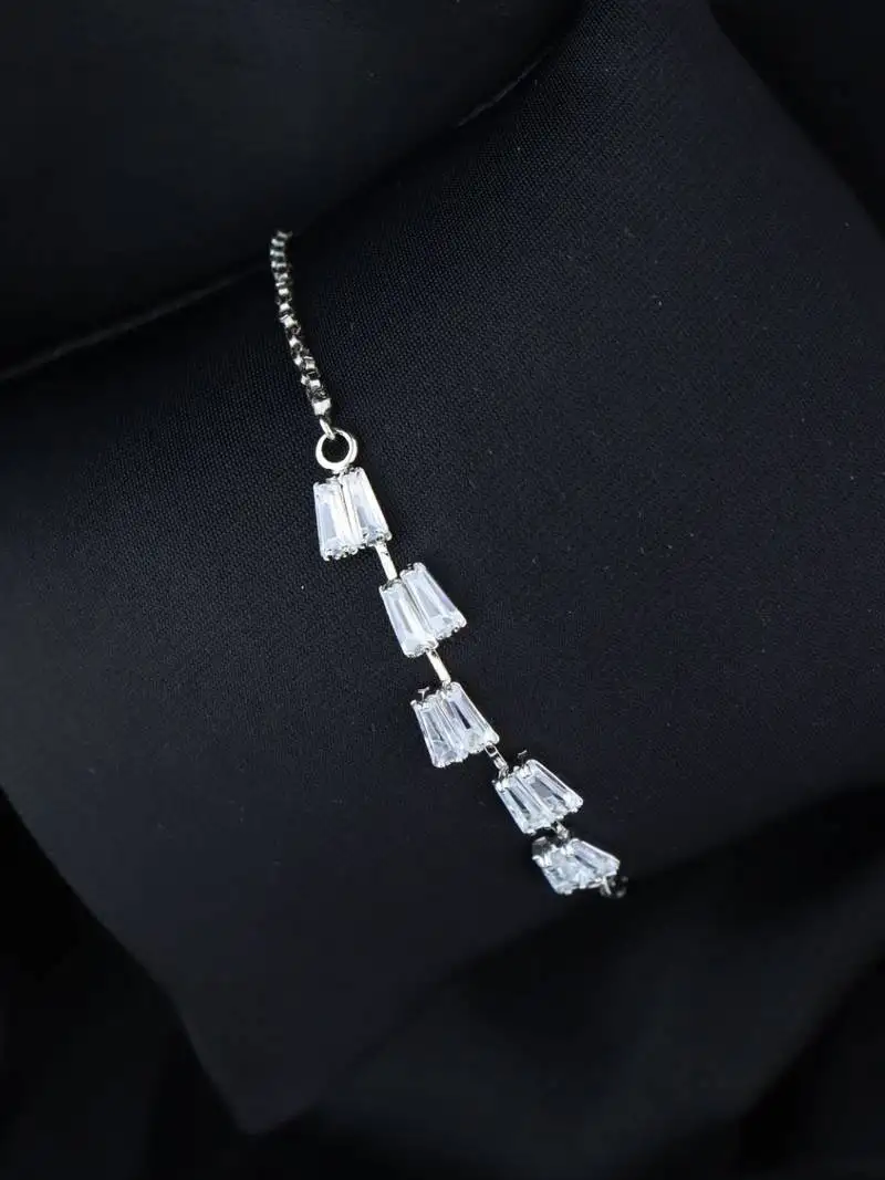 Stylish silver plated cubic zirconia american diamond adjustable bracelet for women & girls