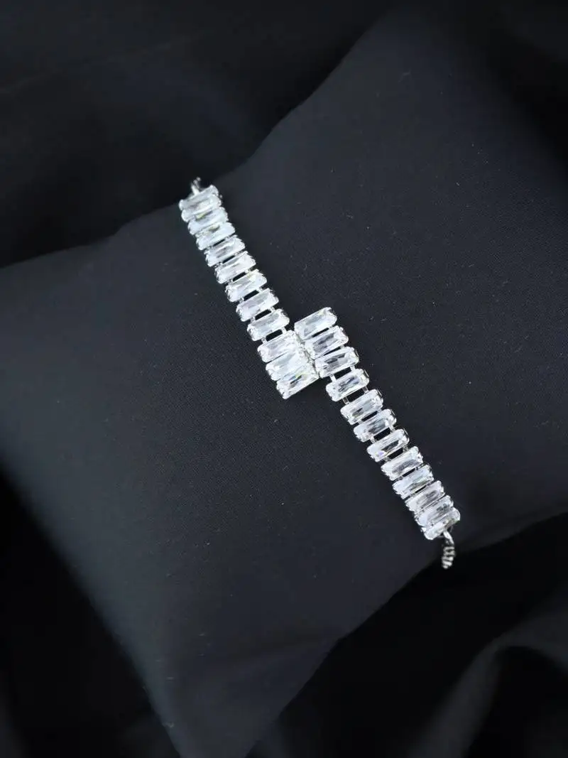 Valentines special stylish silver plated cubic zirconia american diamond adjustable bracelet for women & girls