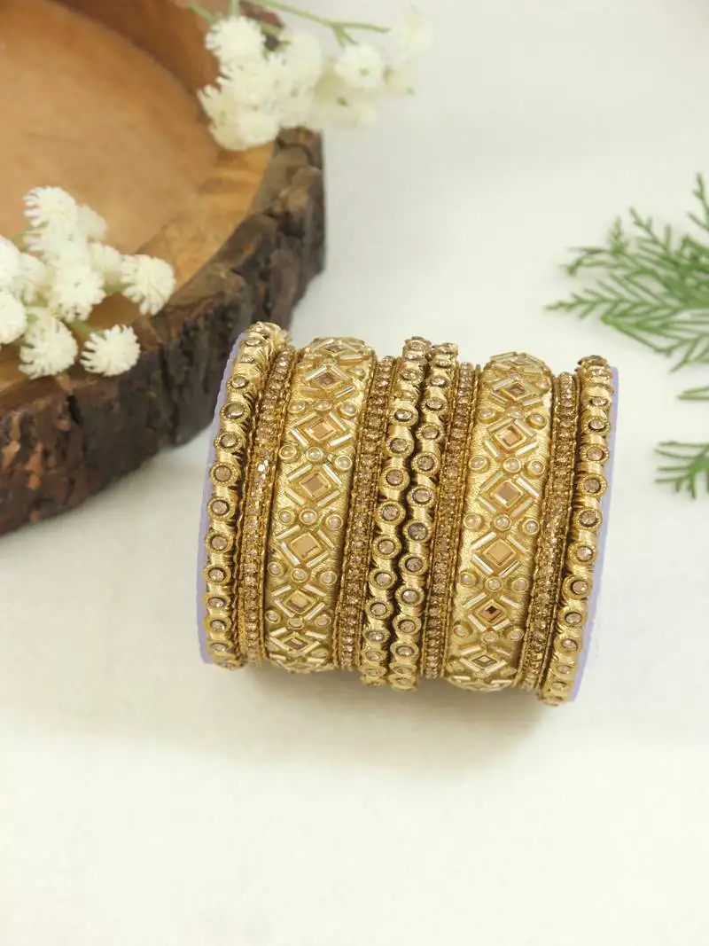 Gold plated traditional silk thread embellishments bangles chuda bangle set for bridal::Women (gold)