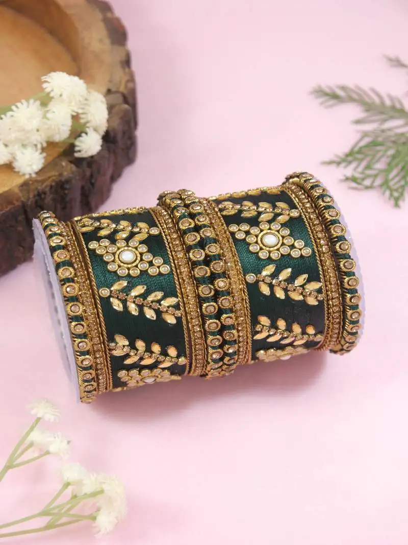 Gold plated traditional silk thread elegant green bangles chuda bangle set for bridal::Women (green)