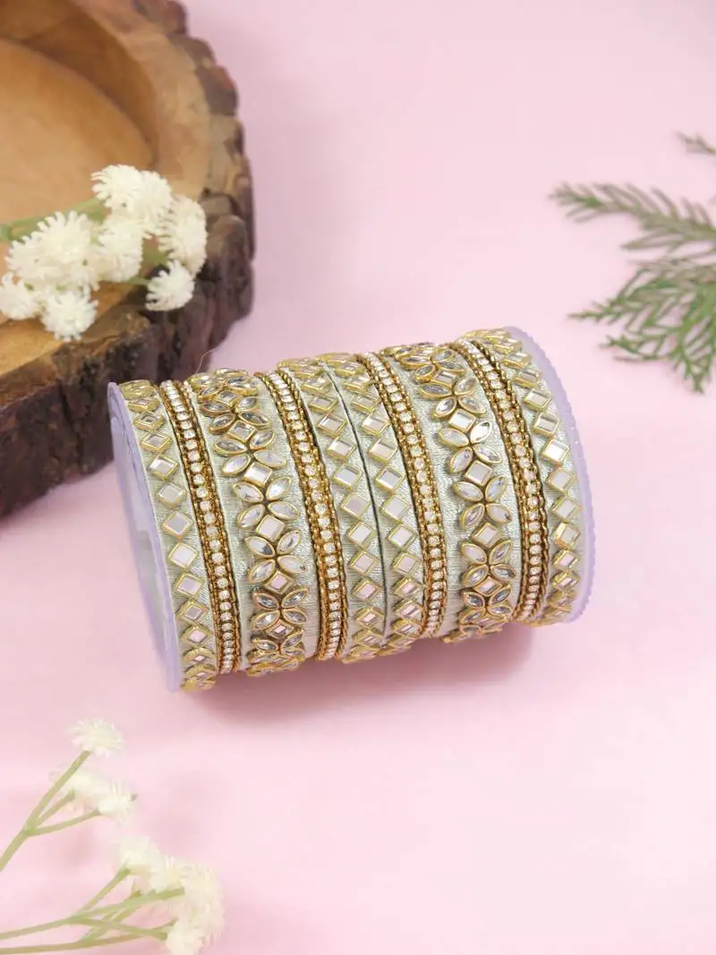 Gold plated traditional silk thread embellishments bangles chuda bangle set for bridal::Women (mint)
