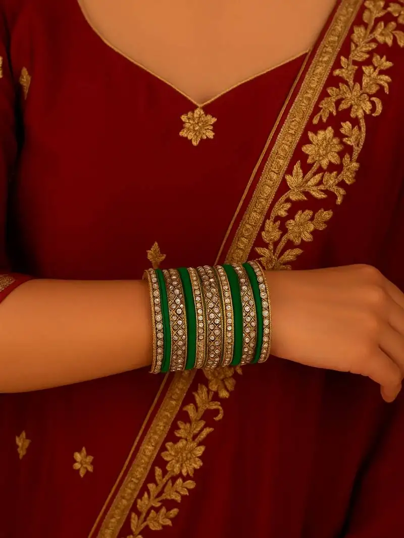 Gold plated traditional royal emerald velvet chuda bangle set kada for bridal::Women (green)