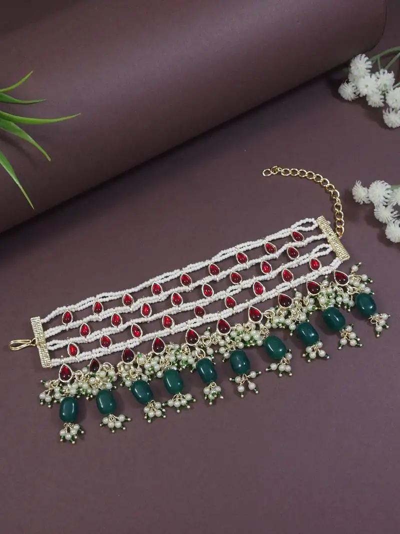 Gold plated traditional pearl beaded adjustable bracelet with stone drops for women (adb559mg)