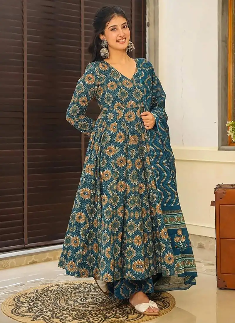 Aqua blue digital printed maslin anarkali palazzo style stitched