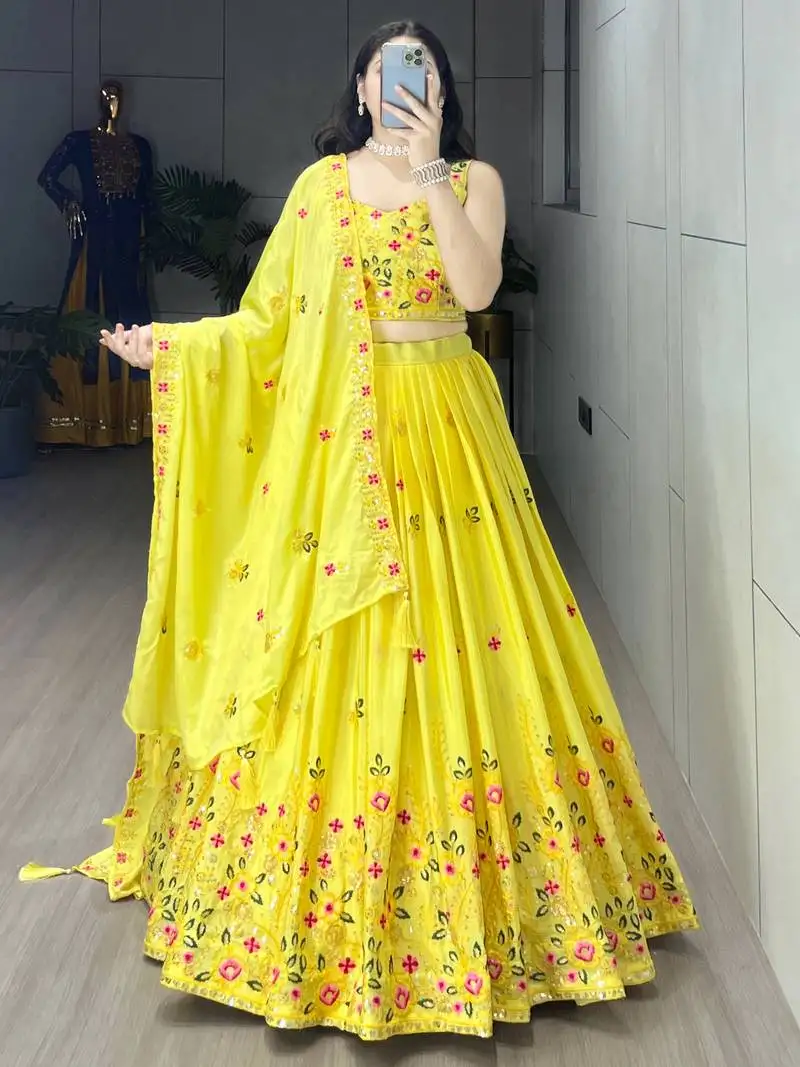 Yellow embroidery thread and sequence work chinon slub lehenga with un-stitched blouse