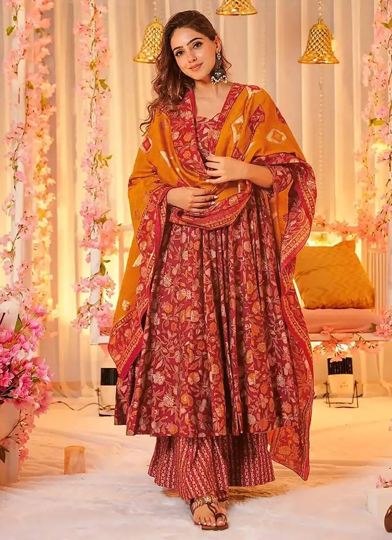 Maroon digital printed maslin anarkali palazzo style stitched