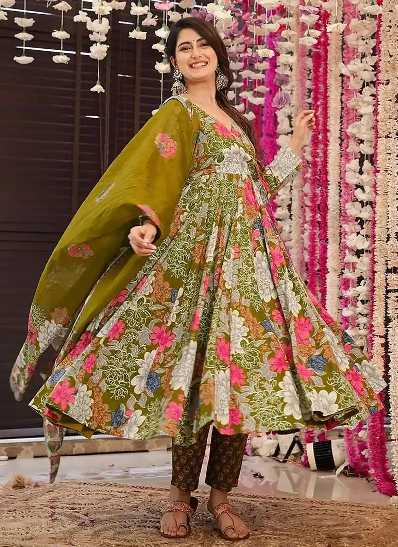 Green digital printed maslin anarkali palazzo style stitched