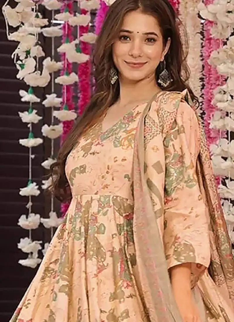 Peach digital printed maslin anarkali palazzo style stitched