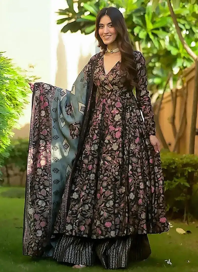 Black digital printed maslin anarkali palazzo style stitched